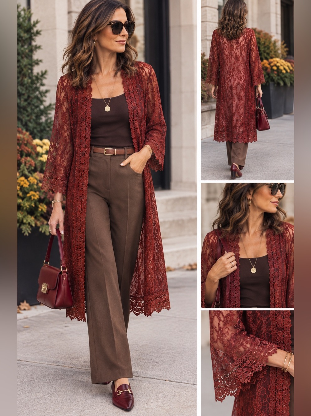Polly & Esther Rust Lace Longline Wide-Leg Ensemble